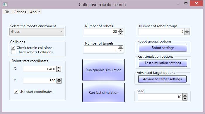 Obrázek 5.1: Hlavní formulář simulátoru. Běží pod platformou Windows. Program umí odsimulovat všechny aspekty popsané v minulé kapitole. Dokáže běžet ve dvou základních režimech.