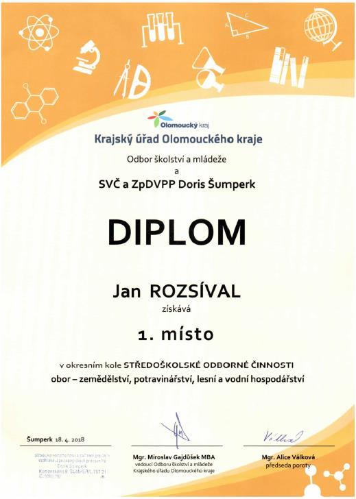 10.8 Přehled ocenění a poděkování Škola a naši žáci obdrželi v průběhu školního roku: 2. místo v soutěži Gastro Hradec Vitana Carving CUP 2018 (Aneta Kobrinová) 2.