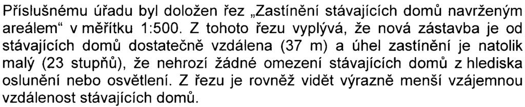 Pøíslušnému úøadu byl doložen øez "Zastínìní stávajících domù navrženým areálem" v mìøítku 1 :500.