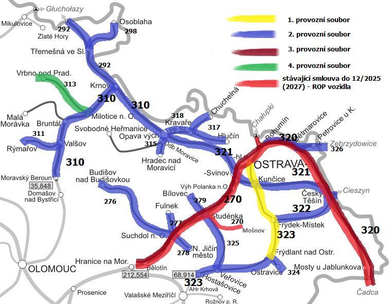 Obr. 1 Mapa rozdělení území MSK na čtyři provozní soubory na