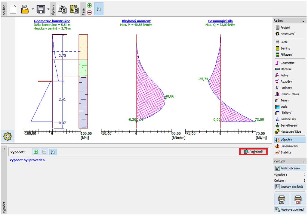Nyní přejdeme do rámu Výpočet. V tomto rámu spočte program automaticky velikost vnitřních sil a určí nutnou délku konstrukce v zemině.