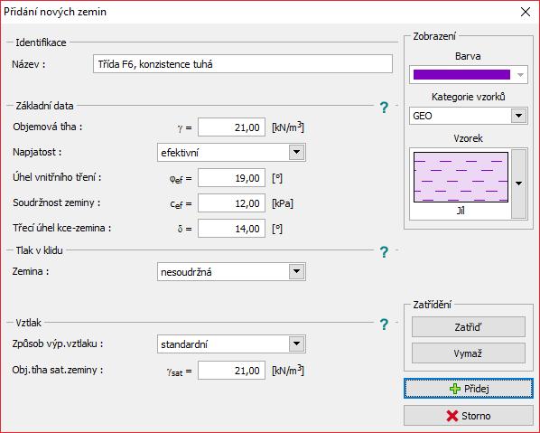 Dialogové okno Přidání nových zemin zemina č.
