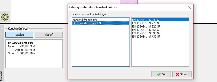 V rámu Materiál nastavíme požadovaný typ jako ocel pro štětovnice S 240 GP.