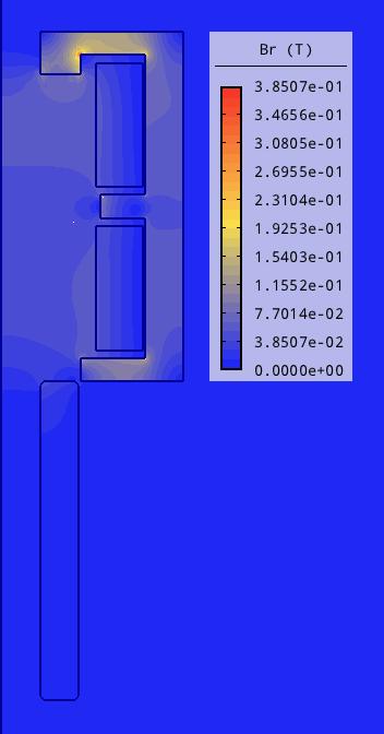 obr. 4.7. až obr. 4.8. je zobrazeno výsledné rozložení indukčních čar, magnetické indukce B a relativní permeability v magnetickém obvodu navrženého aktuátoru pro několik poloh pohyblivého jádra.