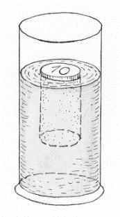 Nejistota: Na podstavu korkové zátky je nalepena kovová mince. Průměr mince a zátky je stejný. Výška zátky je taková, aby po ponoření válce do vody vyčnívala nad hladinu jen mince.