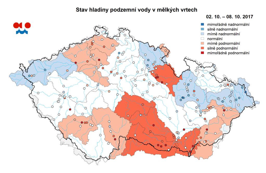 E. Podzemní vody Stav podzemních vod je hodnocen podle pravděpodobnosti překročení hladiny ve vrtu v příslušném týdnu.