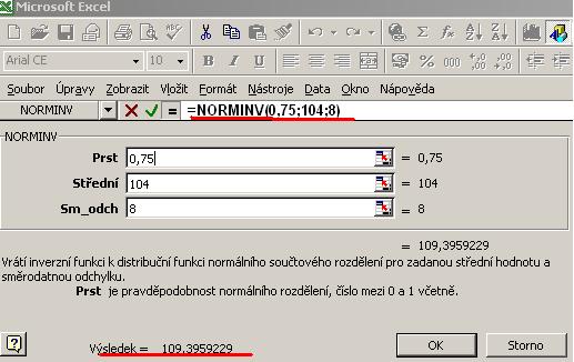 Řešení 2a) Excel, statistická funkce