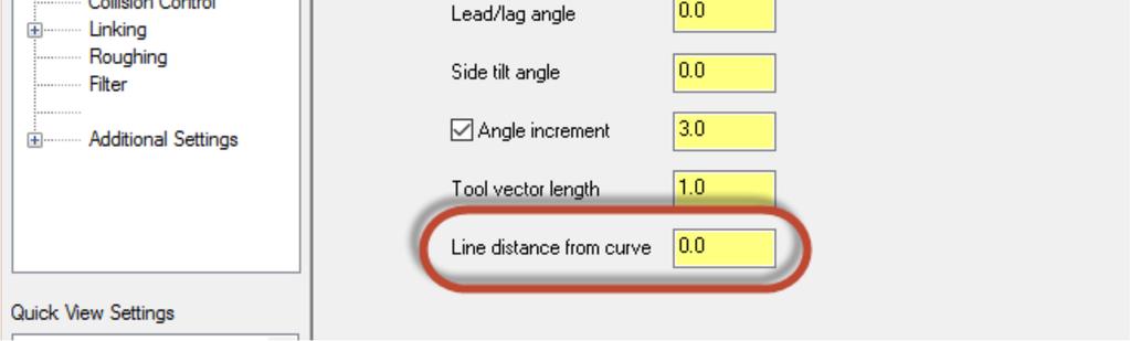 Tato vzdálenost určuje, jak daleko od křivky může být řídicí úsečka osy nástroje a bude mít stále vliv na nástroj.