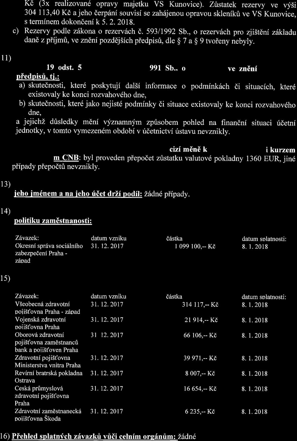 Kd (3x realizovand opravy majetku VS Kunovice). Zistatek rezer\t ve vysi 304II3,40 Kd a jeho derprlni souvisi se zah6jenou opravou sklenikt ve VS Kunovice, s terminem dokondeni k 5.2.2018.