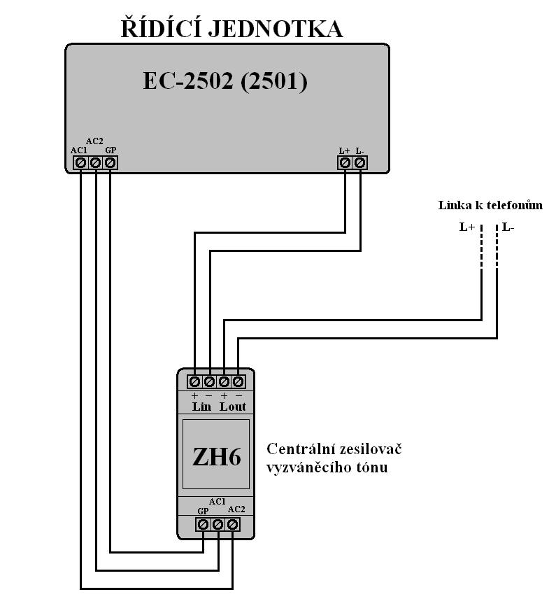 18. Zapojení a popis ZH6 centrálního zesilovače vyzváněcího tónu Popis: Jednotka ZH6 slouží k akustickému zesílení vyzvánění v telefonech systému Laskomex (CD-25xx).