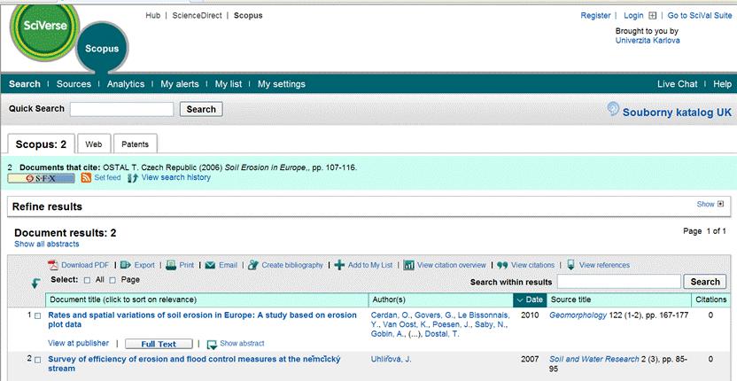Databáze SCOPUS DOSTÁL, T., JANEČEK, M., KLIMENT, Z., KRÁSA, J., LANGHAMMER, J., VÁŠKA, J., VRÁNA, K., 2006.