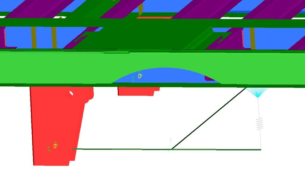 MKP MODEL Na obrázku č. 10 je vidět nahrazení čepu nápravy. Nahrazení čepu i jeho spojení s rámem je realizováno prvky, které se mohou deformovat v závislosti na deformaci modelu (prvek Constraint).