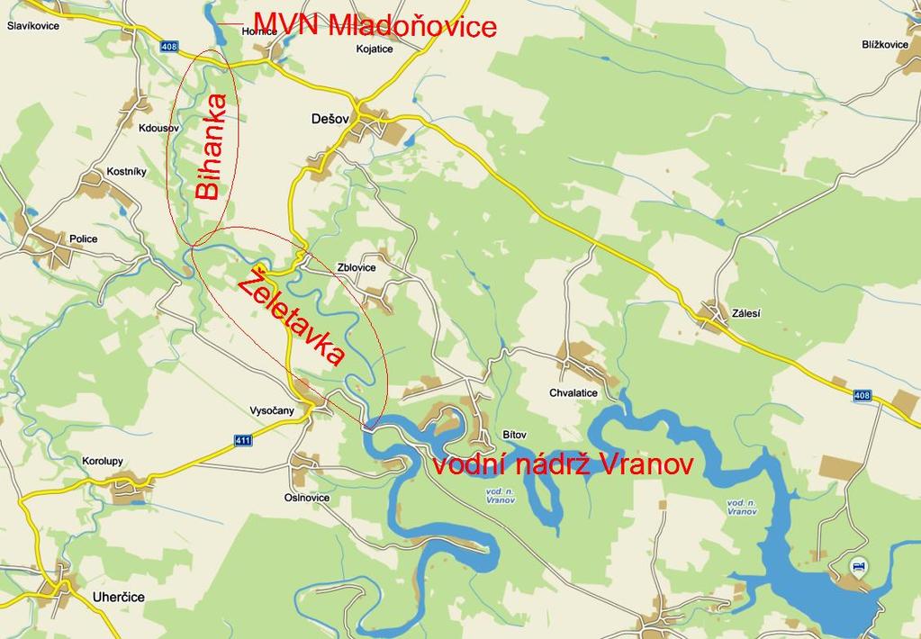 Pod vodním dílem Mladoňovice Bihanka teče dalších 4,6 km a poté se vlévá do řeky Želetavky.