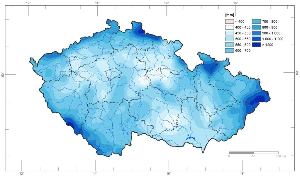 Obr. 5 Úhrn srážek v roce 2016 Obr. 6 Úhrn srážek v roce 2016 v procentech normálu 1961 1990 Prostorové rozložení srážek bylo v roce 2016 značně nerovnoměrné.