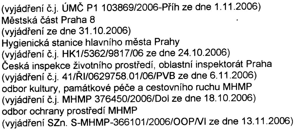 -3- (vyjádøení èj ÚMÈ P1 103869/2006-Pøíh ze dne 1112006) Mìstská èást Praha 8 (vyjádøení ze dne 31102006) Hygienická stanice hlavního mìsta Prahy (vyjádøení èj HK1/5362/9817/06 ze dne 24102006)