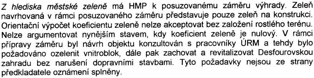 -4- Z hlediska mìstské zelenì má HMP k posuzovanému zámìru výhrady Zeleò navrhovaná v rámci posuzovaného zámìru pøedstavuje pouze zeleò na konstrukci Orientaèní výpoèet koeficientu zelenì nelze