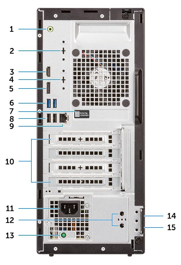 Zadní pohled 1 Port výstupu zvuku 2 Sériový port (volitelný) 3 Port HDMI 4 Port DP / HDMI2.0b / VGA (volitelný) 5 Konektor DisplayPort 6 2 porty USB 3.1 1. generace 7 Výrobní číslo 8 2.