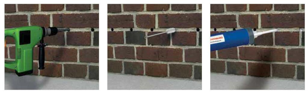 Sanace budov proti nadměrné vlhkosti II seminář STOP 2016 s hloubkou vrtu cca 2/3 tloušťky zdiva. Před vlastní injektáží se vhodným způsobem odstraní prach vzniklý při vrtání.