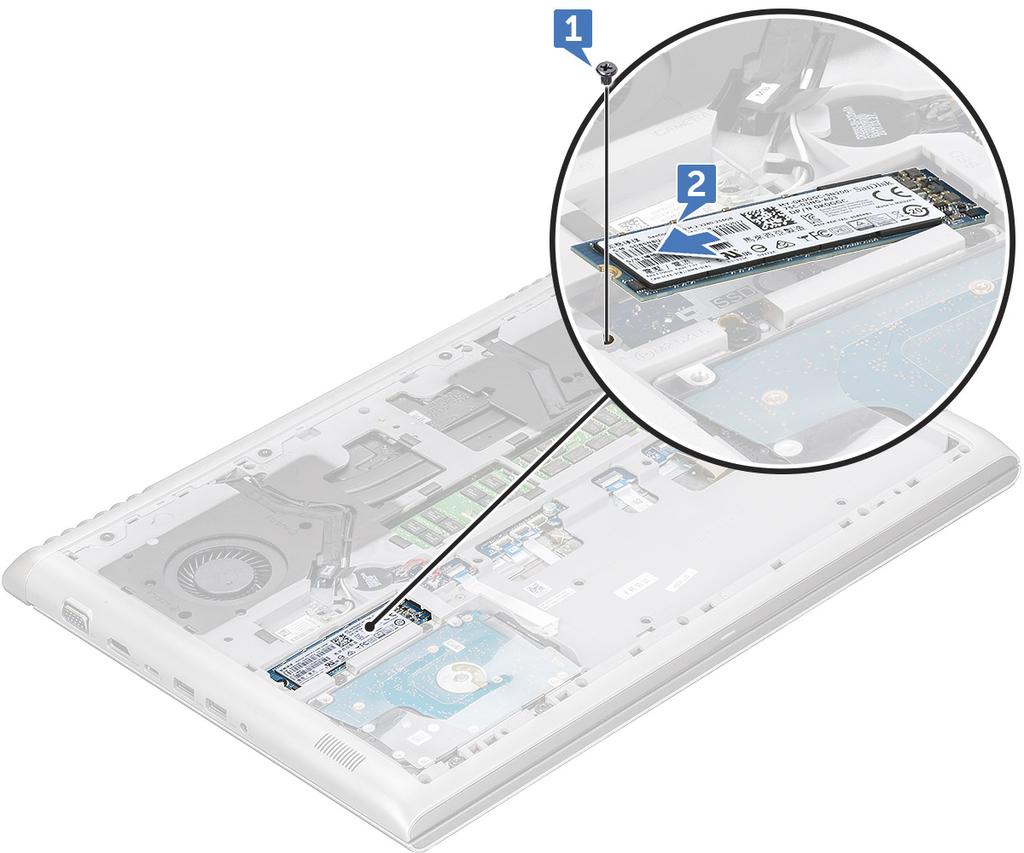 Montáž disku M.2 SSD (Solid State Drive) 1 Vložte disk SSD do konektoru v systému. 2 Zašroubujte šroub M2x3, jimiž je disk SSD připevněn k systému.