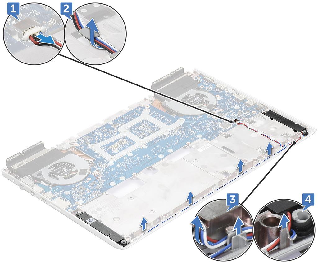 c d e f g h karta SSD Karta WLAN Pevný disk paměťový modul zadní kryt zadní kryt 3 Vyjmutí reproduktoru: a Odpojte kabel reproduktoru od konektoru na základní