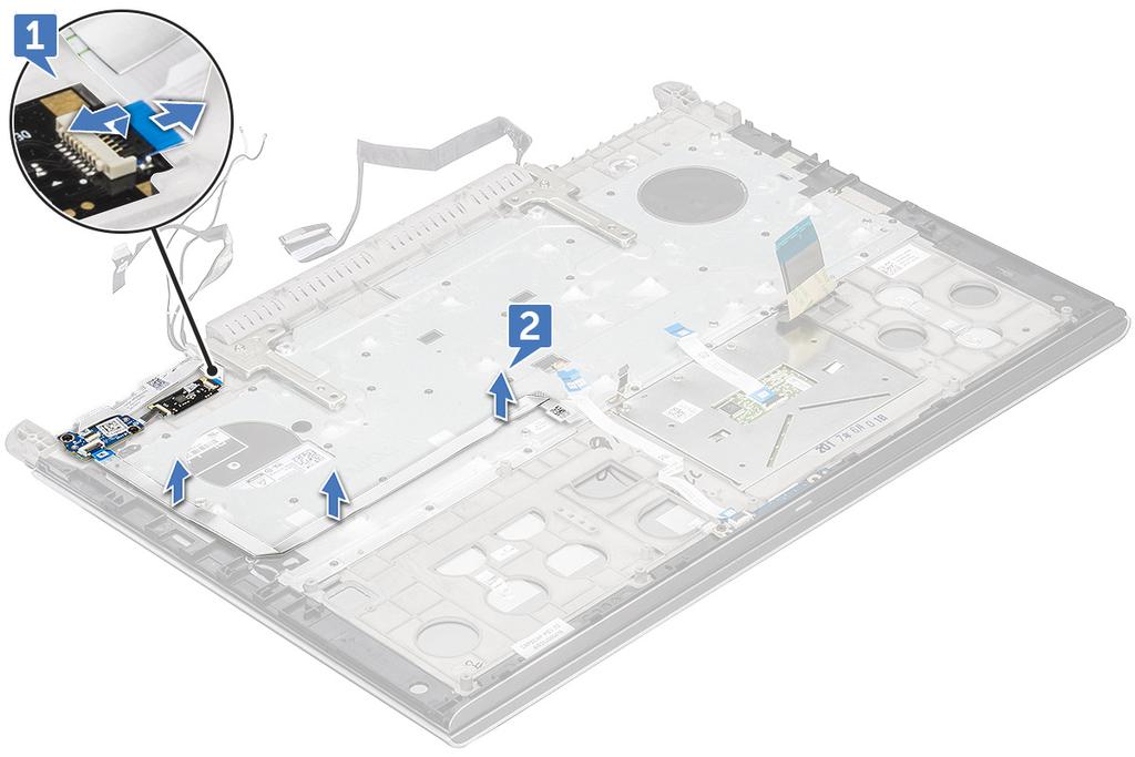 b c d e f g h baterie karta SSD Karta WLAN Pevný disk paměťový modul zadní kryt zadní kryt 3 Postup vyjmutí desky tlačítka napájení: a Zvedněte západku a odpojte kabel desky tlačítka napájení od této