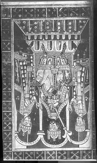 strana 42 vlevo: Císař Friedrich I. Barbarossa se syny. Vlevo Jindřich VI., vpravo Friedrich, vévoda Švábský (Kronika rodu Welfů 1179-1191). Johannes Lehmann: Die Staufer.