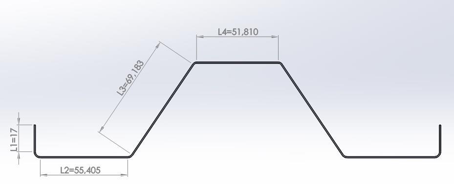 Obr. 26 Stanovení délek rovných úseků Pro výpočet délky oblouku je nejprve nutno zjistit poloměr ohybu neutrální osy, dle vzorce 2.4. Součinitel x je zvolen 0,46. R x t 3 0,46 1 3,46 mm (3.