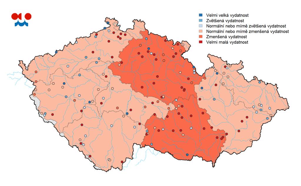 Tabulka: Vydatnost pramenů hodnocená dle pravděpodobnosti překročení v % objektů Povodí velmi malá vydatnost zmenšená vydatnost normální nebo mírně zvětšená vydatnost normální nebo mírně zmenšená