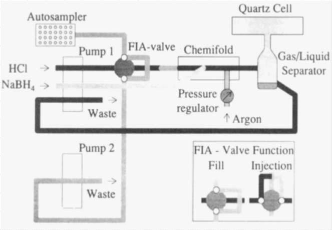 Uspořádání generátorů 3. Dávkování do proudu FIA (flow injection analysis). Příprava vzorku i dávkování probíhá automaticky v uzavřeném systému.