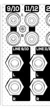 9 10 11 9 BAL (balanc) Knoflík BAL nastavuje pravé-levé vyvážení stereo kanálů. Pokud je zapojen pouze jeden signál do levého MONO vstupu, knoflík funguje jako PAN.
