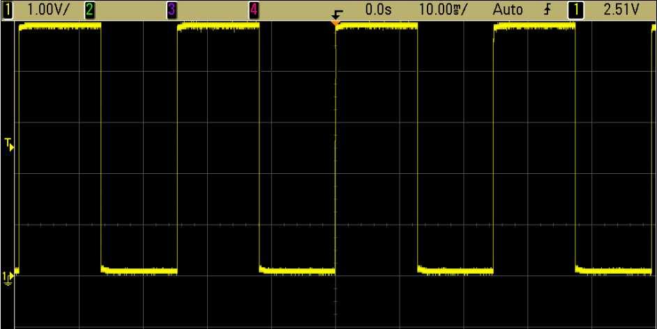 6: Charakteristika na výstupu AKO naměřená osciloskopem Agilent MSO6014A, na ose Y je napětí 1 V/dílek, na ose x čas 10 mv/dílek, Odpor senzoru je v tomto případě 100kΩ. Frekvence je 41 Hz 4.