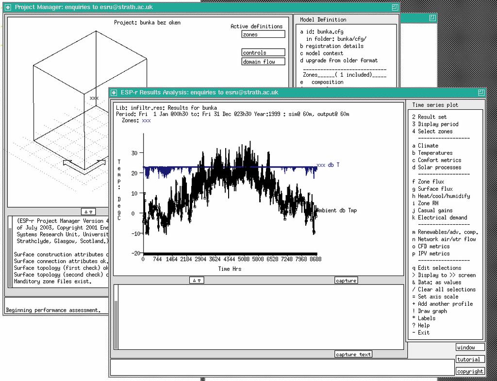 Počítačová simulace - ESP-r Typické prostředí programu ESP-r Výpočet energetické bilance objektu ve zvoleném časovém úseku. ESP-r: zaměřuje se na stanovení energetické bilance objektu jako celku.