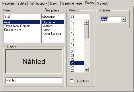 -56- Písmo a řez písma U tvaru písma je možné měnit font a řez písma. Velikost Velikost písma lze stanovit pevnou velikostí odstupňované po bodech, nebo je možné zvolit pro velikost režim AutoMax.