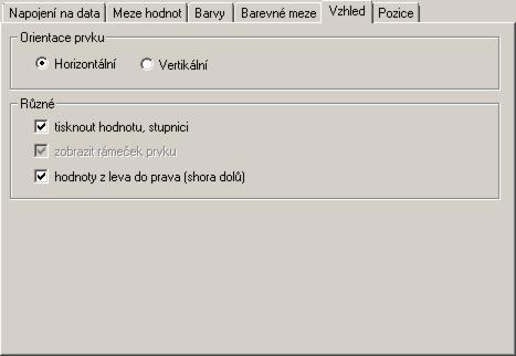 -57- Orientace prvku u prvků Indikátor průběhu, Posuvník, Bitové pole lze změnit Horizontální orientaci a Vertikální orientaci, organizaci prvku Tisknout hodnotu, stupnici pro prvek Posuvník je možné