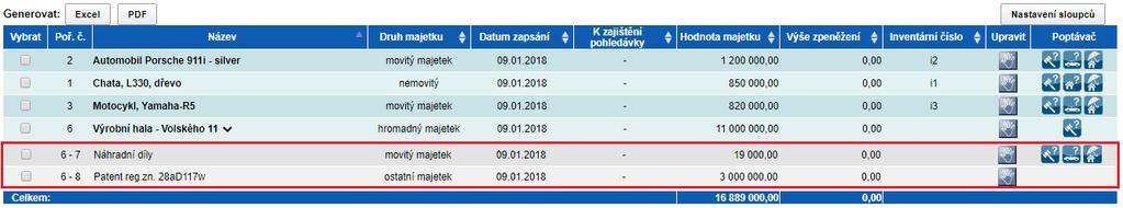 V souvislosti s řazením konkrétních položek do větších celků, tedy do souborů majetku či hromadného majetku, byla aktualizována rovněž funkce pro práci s více položkami majetku najednou.