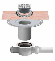 Schlüter -KERDI-DRAIN interiér - horizontální odtok a Odtokové těleso v betonové konstrukci b Nástavec pro tenkovrstvé lepení c Schlüter -KERDI manžeta d Kroužek pro nastavení výšky e* Mřížka z