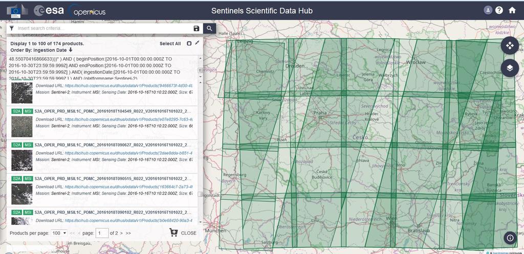 Prostředí pro stahování dat Sentinel Pokrytí ČR, data nasnímaná v období: 1.11.
