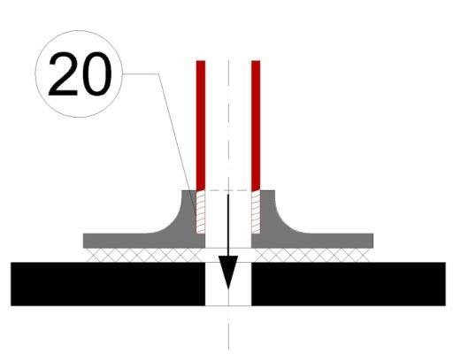 zapojitelné na asfaltové pasy c - Propojení hydroizolačního povlaku asfaltového a fóliového pomocí sevření izolace mezi pevnou a volnou přírubu d - Propojení