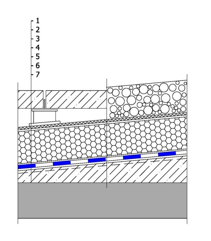 Jednoplášťové střechy s obráceným pořadím vrstev Charakteristika - Zatěžovací nebo provozní vrstva, v tomto případě dlažba na podložkách, nebo násyp z praného říčního kameniva, vždy podložené