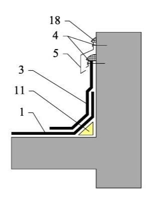 Základním konstrukčním detailem je přechod z vodorovné plochy na svislou konstrukci. Jeho základní dvě varianty (jedno a dvouvrstevný hydroizolační povlak) jsou na následujících obrázcích.