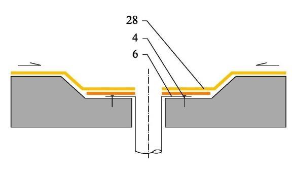 zaatikového tvaru u fóliové (PVC) hydroizolace Vysvětlivky: 1 Asfaltové hydroizolace, 4 Mechanické kotvení, 5 Klempířská lišta, 6 Integrovaná izolační manžeta na bázi asfaltu
