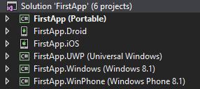 Obr. 2 Struktura projektů nově vytvořené aplikace Během vytváření projektu jsou staženy NuGet balíčky Xamarin.Forms knihoven a jsou vytvořeny reference všech projektů na tyto balíčky.