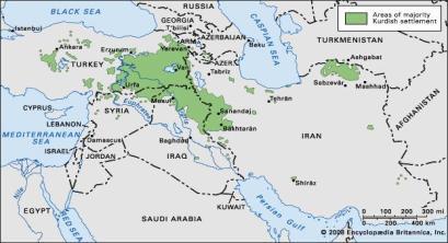 Ilustrace: Mapa zachycuje kurdské osídlení, které je historicky kontinuální (proto, zde například není Německo), ale je geograficky nesouvislé.