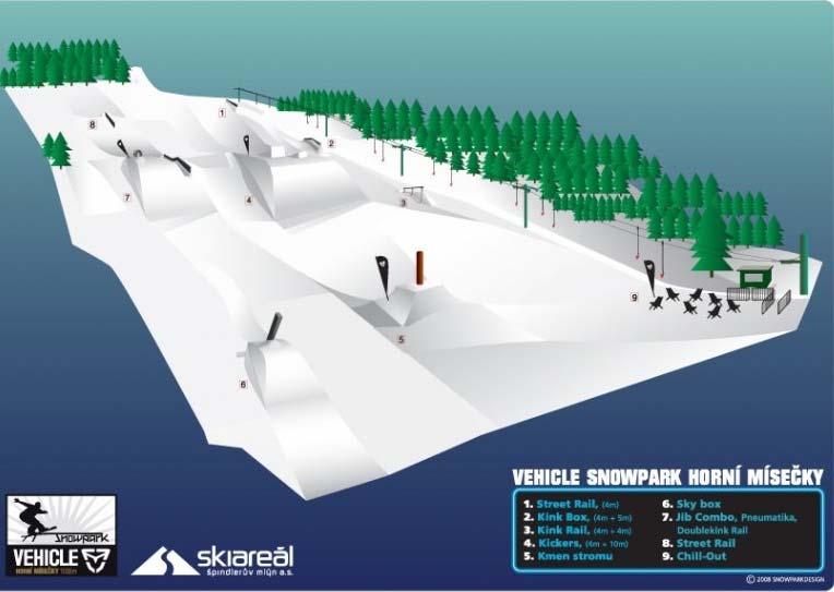 Obrázek č. 3 Vehicle snowpark Horní Mísečky Sjezdovka je určena jenom pro snowpark, což je obrovská výhoda. I přes malou délku parku je zde položeno každý rok mnoho beden a railů, postavených skoků.