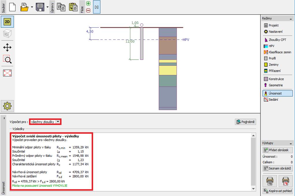 Nyní se vrátíme zpět do rámu Únosnost, kde se zobrazují výsledky posouzení.