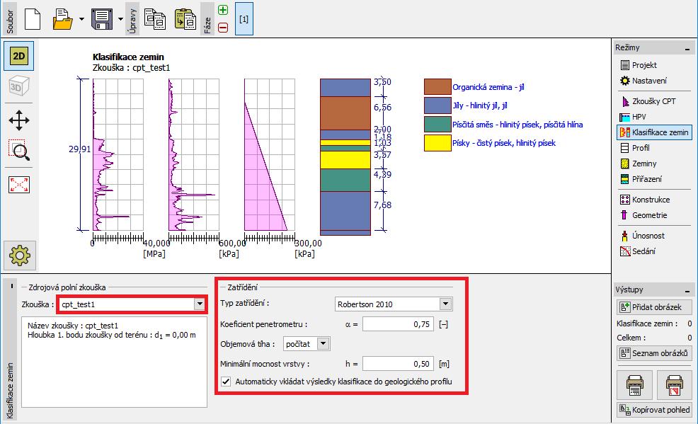 Přesuneme se do rámu Klasifikace zemin. Zatřídění zemin zvolíme dle Robertsona z roku 2010.