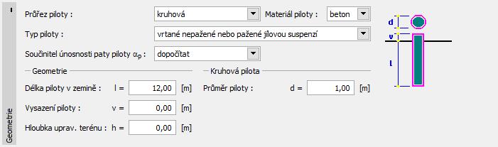 Rám Konstrukce V rámu Geometrie zadáme materiál a průřez piloty, dále určíme její základní rozměry, tj. průměr a délku v zemině.