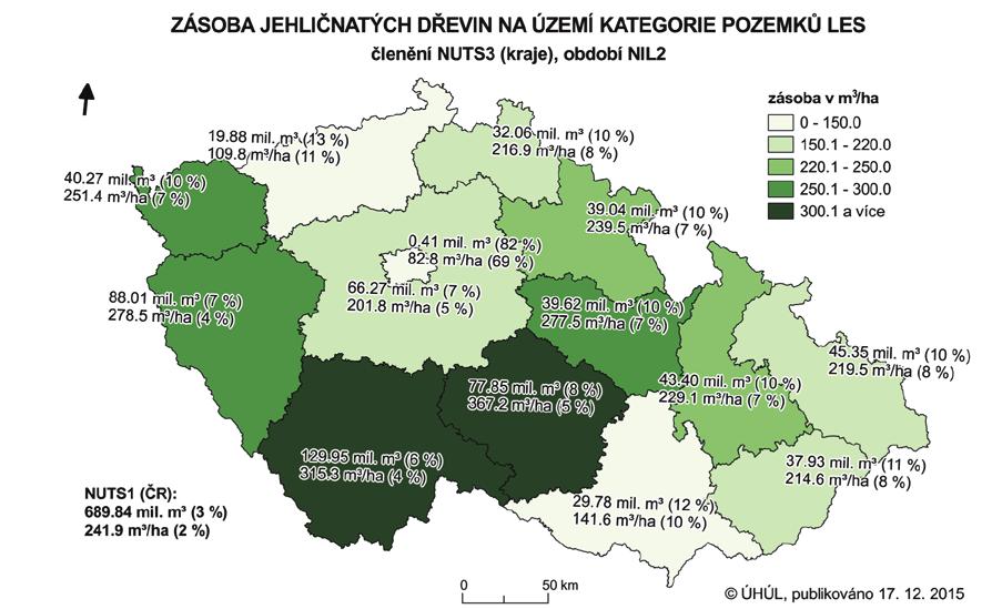 Obr. 9. Zásoba dříví jehličnanů (hroubí b. k.), období NIL2 (2011 2014), členění podle krajů.