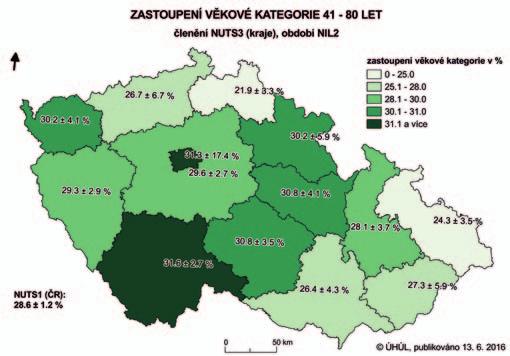 Obr. 1: Zastoupení věkové třídy 1 20 let v krajích podle NIL2 (2011 2015), kategorie pozemku Les Obr.