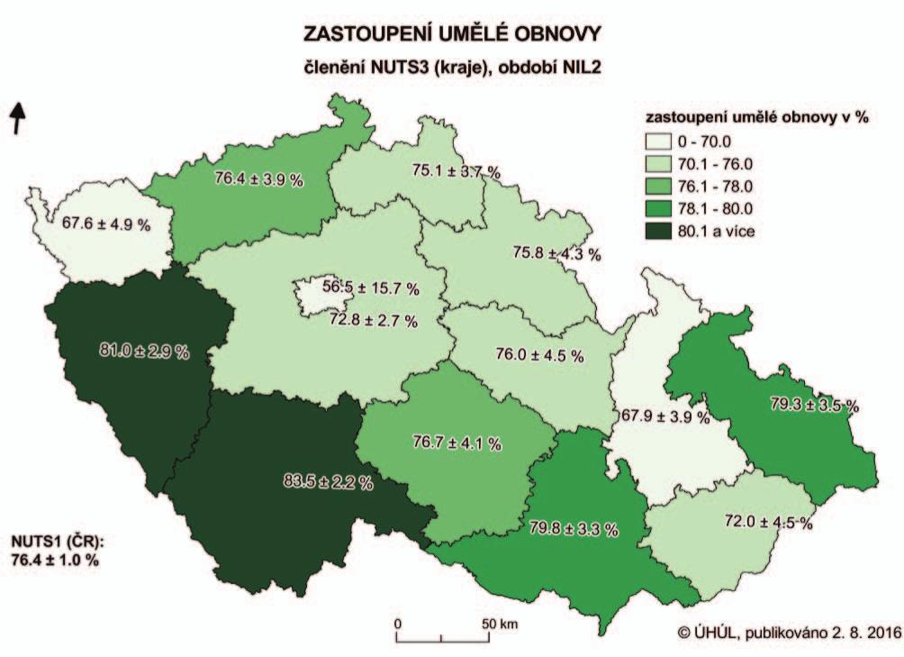 Obr. 2: Zastoupení umělé obnovy v krajích podle NIL2 (2011 2015) ZASTOUPENÍ SKUPIN DŘEVIN V OBNOVĚ PODLE PŮVODU V tabulce č. 4 a v grafu č.